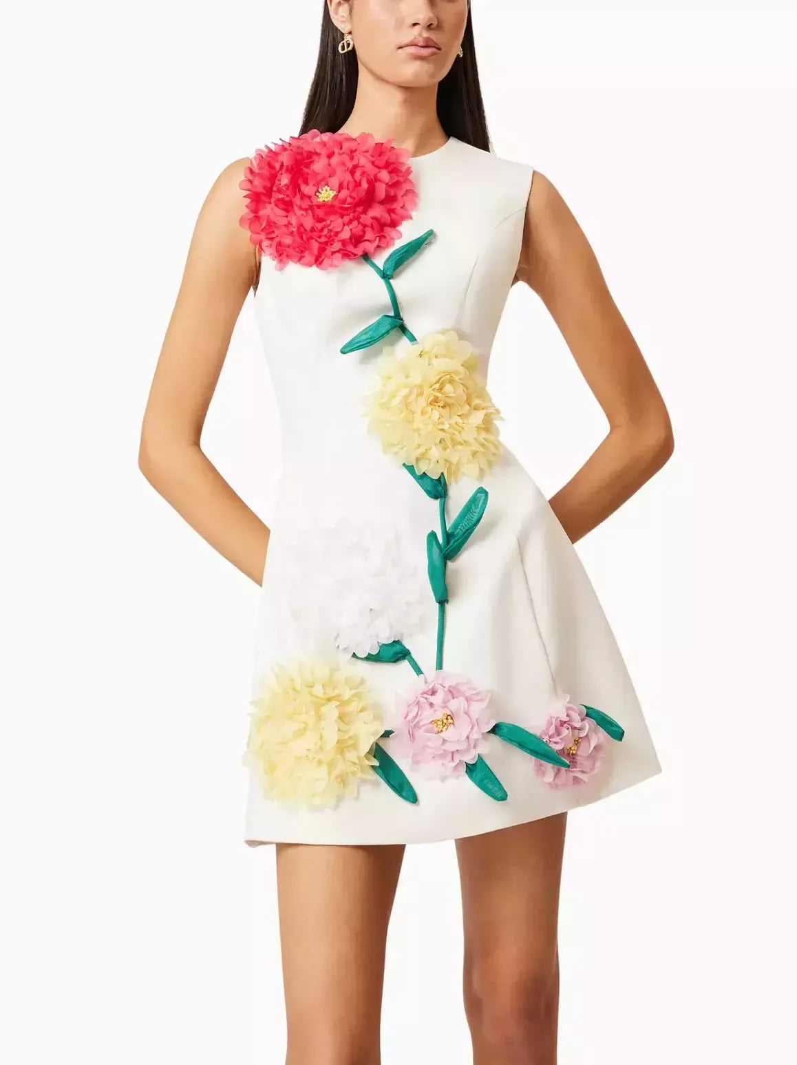 3D Floral Appliqued A-Line Mini Dress - S / White - Dresses