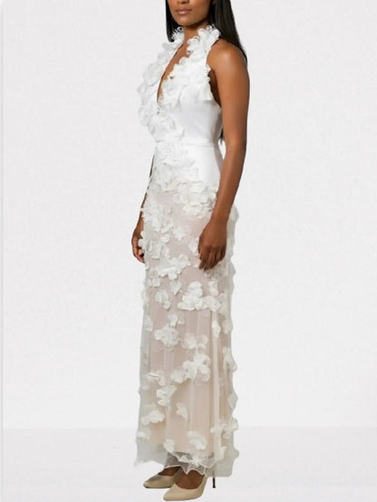 3D Floral Appliques Halterneck Gown in White - Dresses