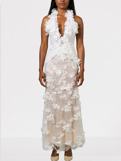 3D Floral Appliques Halterneck Gown in White - Dresses