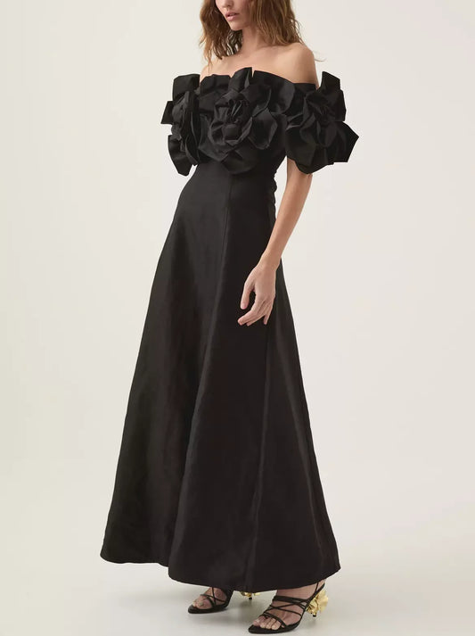 Elegant Off-the-Shoulder Gown with Floral-Appliques in Black for a stunning look