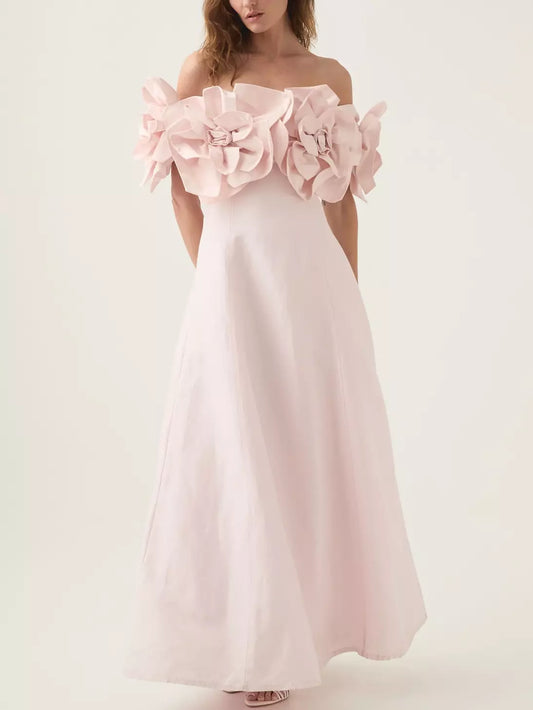 Off-the-shoulder pink floral-appliques gown showcasing elegant floral details