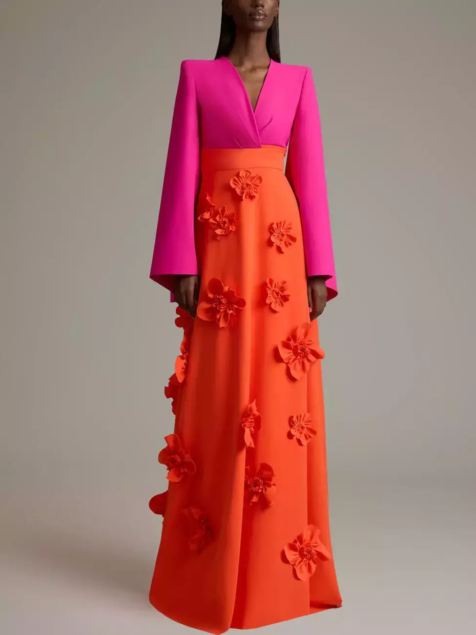 Elegant pink and orange floral color-contrast V-neck flared-sleeve gown design