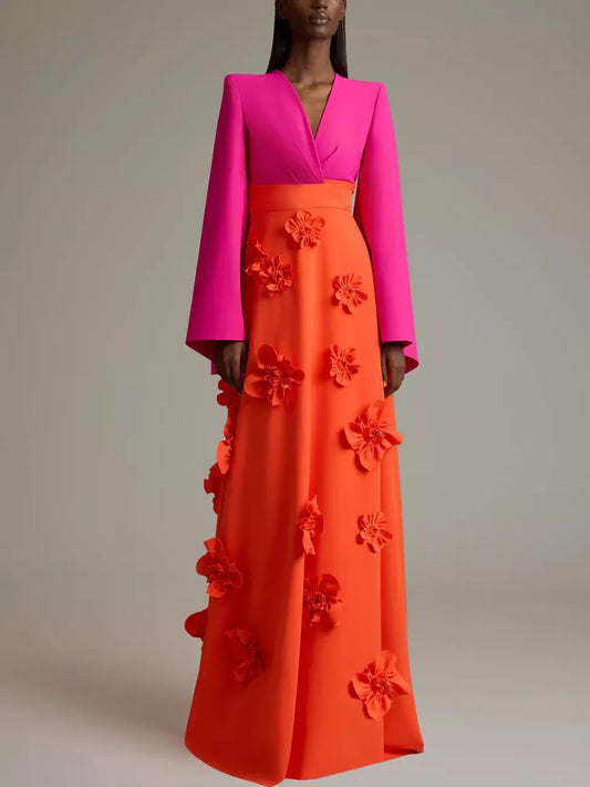 Elegant pink and orange floral color-contrast V-neck flared-sleeve gown