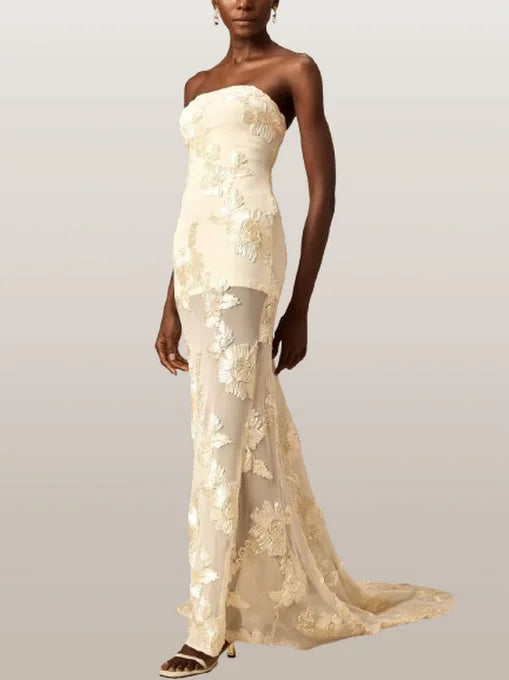 3D Floral-Embroidered Maxi Dress in Mesh - Dresses