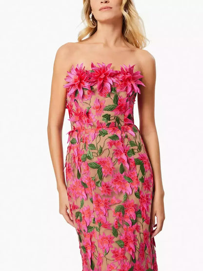 3D Floral Embroidered Strapless Midi Dress - Dresses