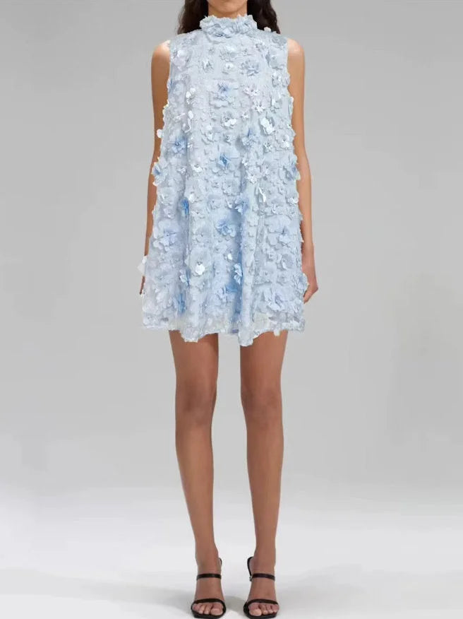 3D Floral High Neck Trapeze Mini Dress - S / Light Blue - Dresses