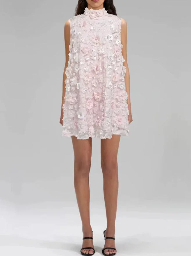 3D Floral High Neck Trapeze Mini Dress - S / Light Pink - Dresses