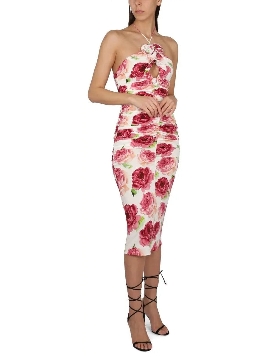 3d Floral-Print Ruched Halter Dress - Dresses