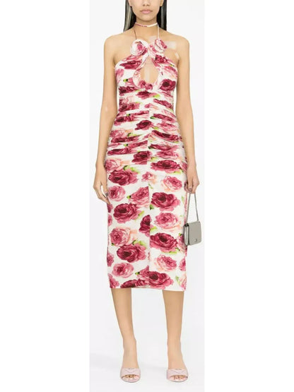 3d Floral-Print Ruched Halter Dress - Dresses