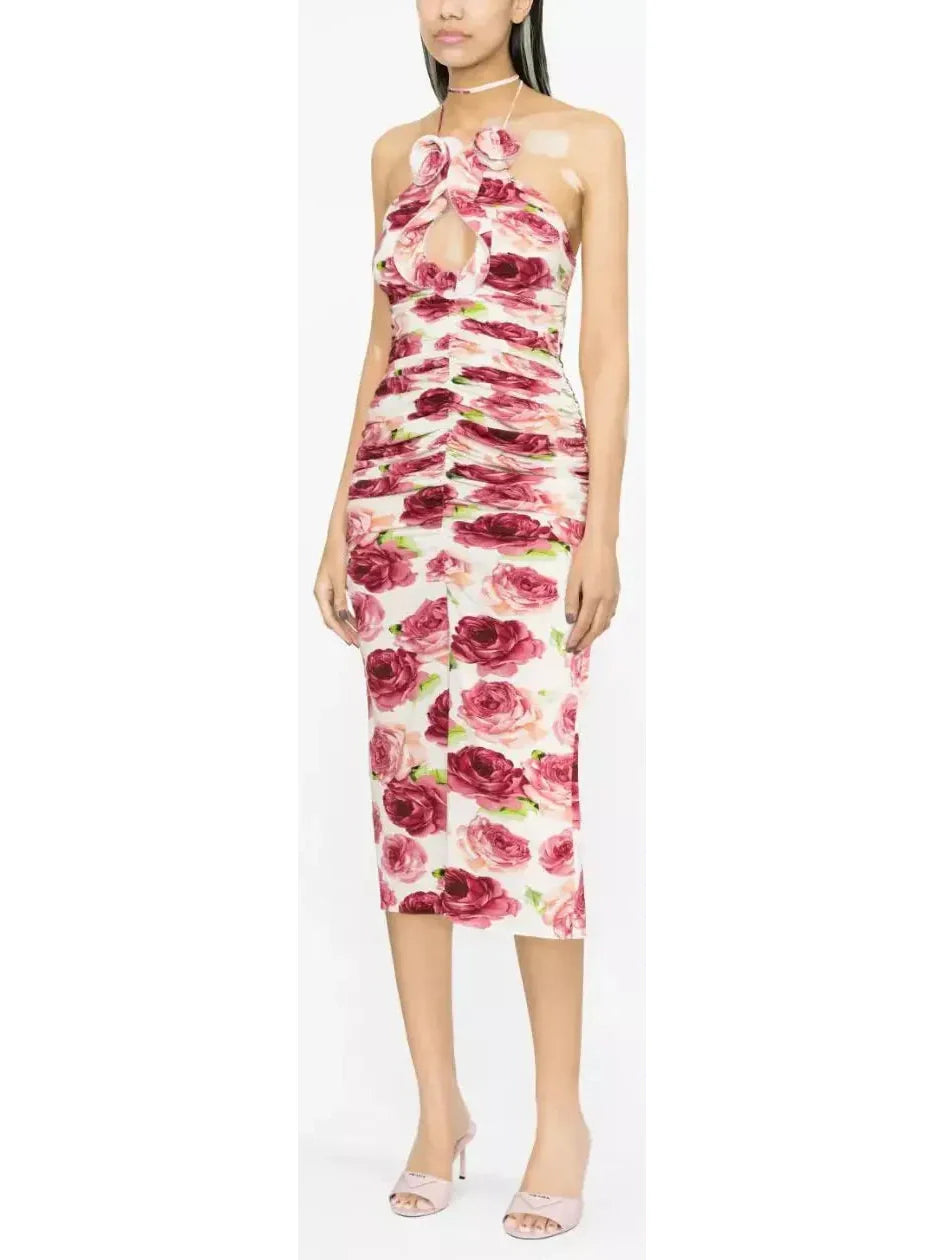 3d Floral-Print Ruched Halter Dress - Dresses