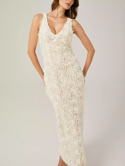 3D Floral Sleeveless V-Neck Dress in Cream - Dresses