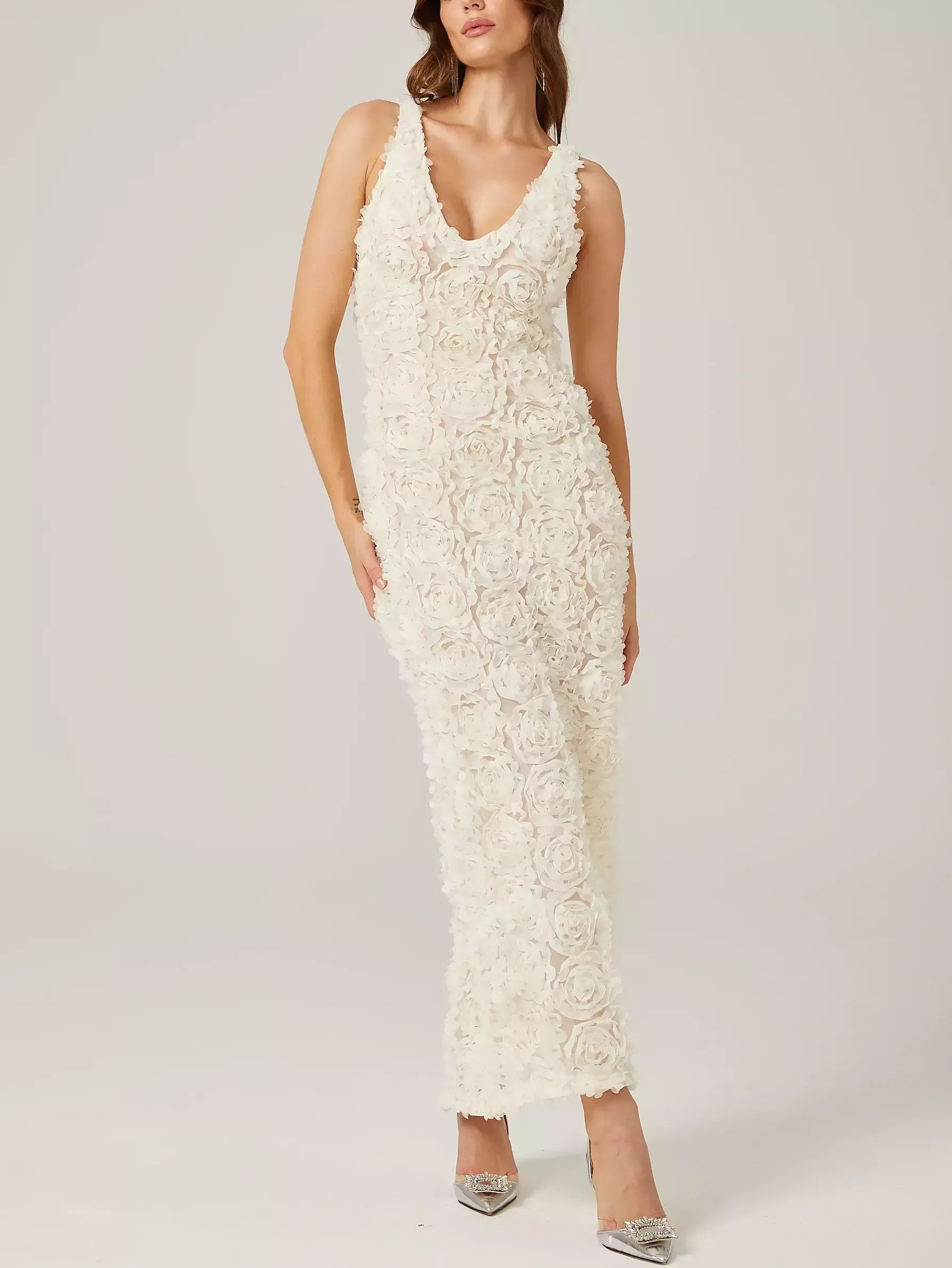 3D Floral Sleeveless V-Neck Dress in Cream - Dresses