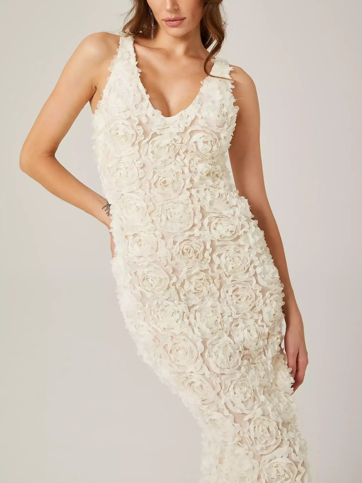 3D Floral Sleeveless V-Neck Dress in Cream - Dresses