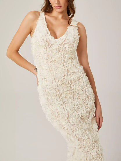 3D Floral Sleeveless V-Neck Dress in Cream - Dresses