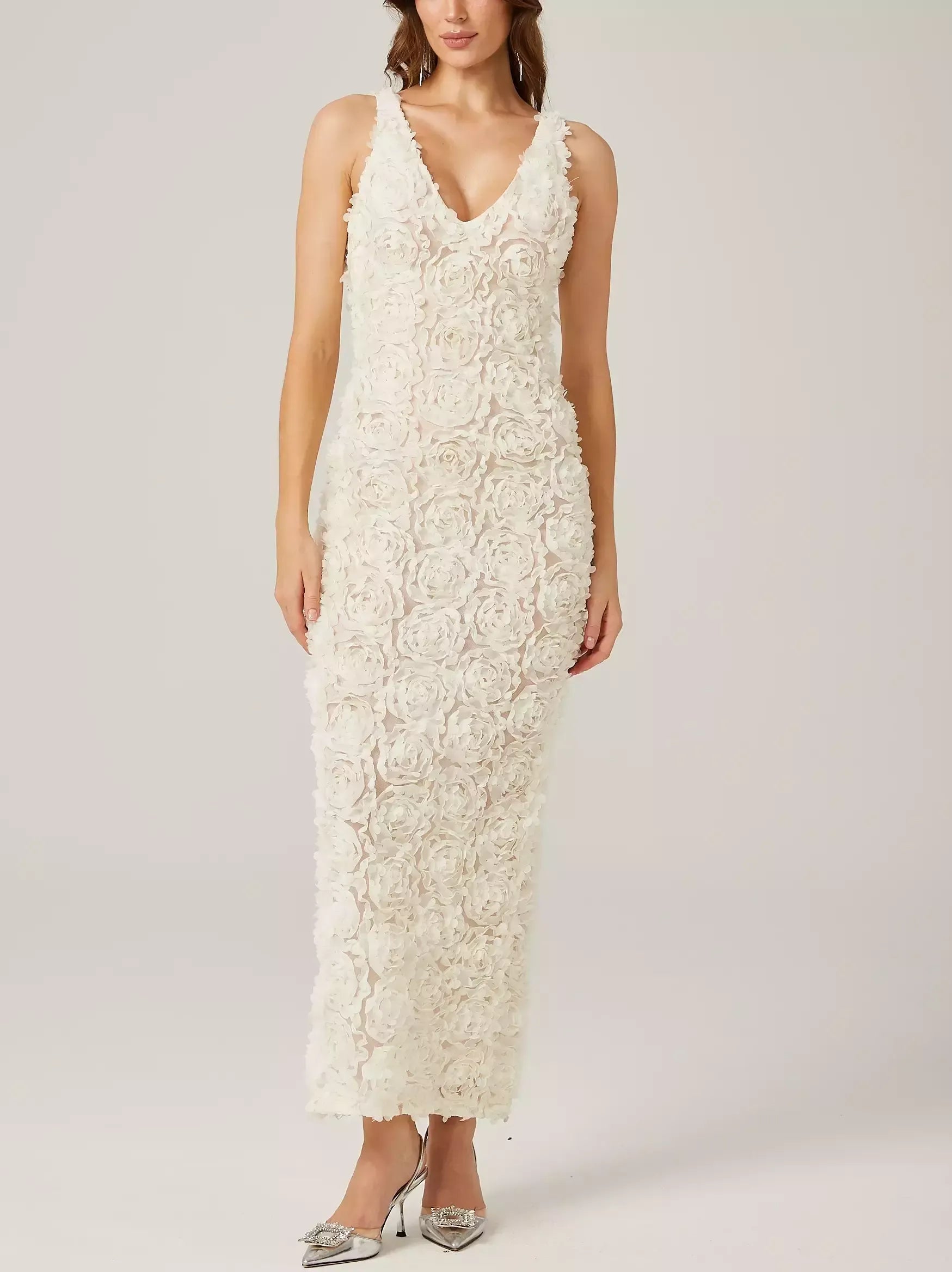 3D Floral Sleeveless V-Neck Dress in Cream - Dresses