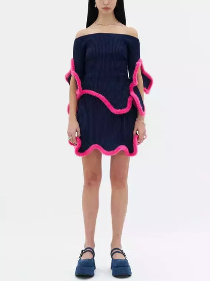 3D Fur-Trim Wavy Ribbed Knit Top and Skirt Set - Suits & Sets