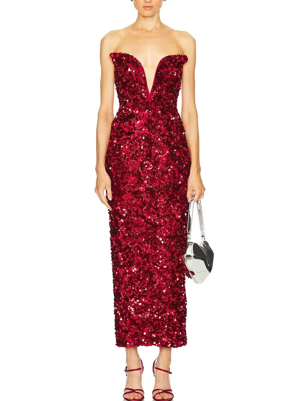 3D Long Red Strapless Sequin Dress - Dresses