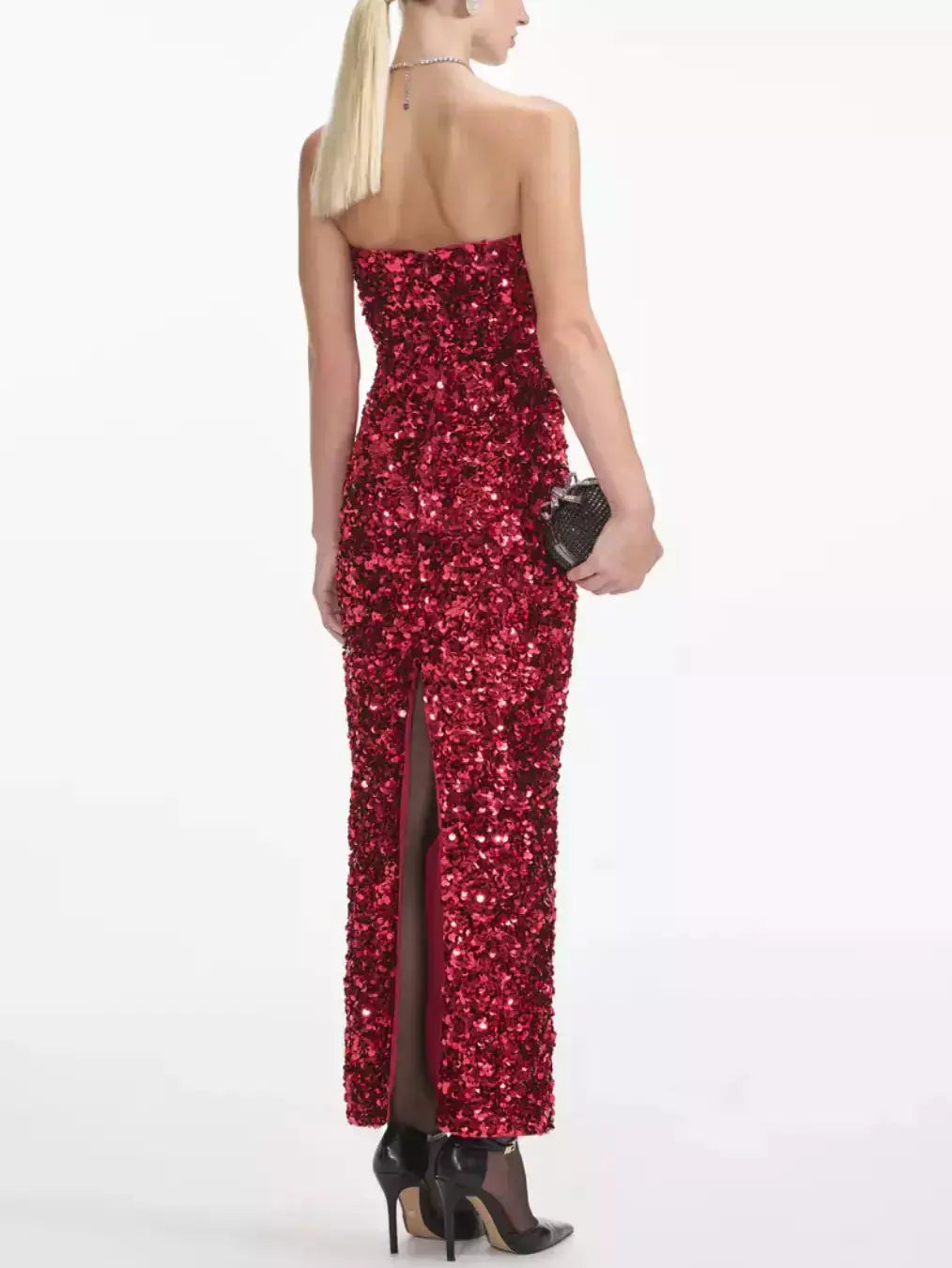 3D Long Red Strapless Sequin Dress - Dresses