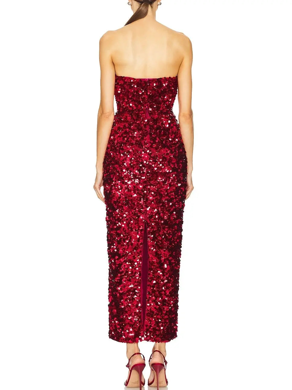 3D Long Red Strapless Sequin Dress - Dresses