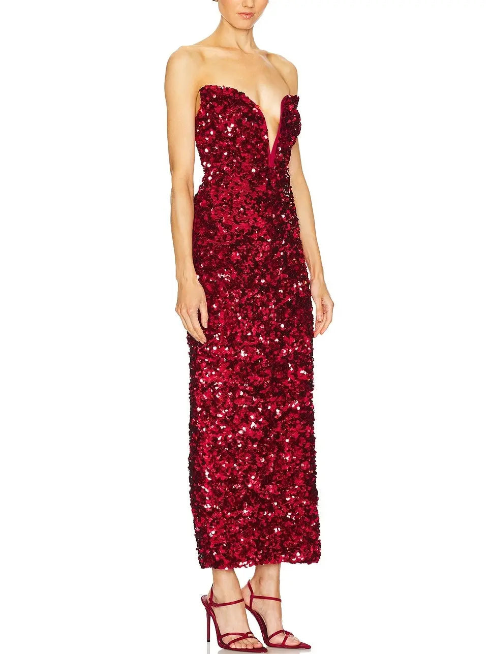 3D Long Red Strapless Sequin Dress - Dresses