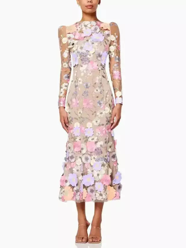 3D Multicolor Floral Appliques Mesh-Overlay Midi Dress - Dresses