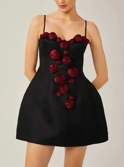Red Rose Embellished Black Mini Dress with 3d Floral Detail