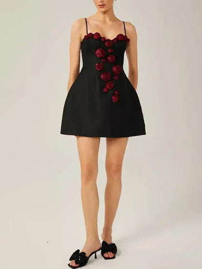 Red Rose Embellished Black Mini Dress with 3d Floral Detail