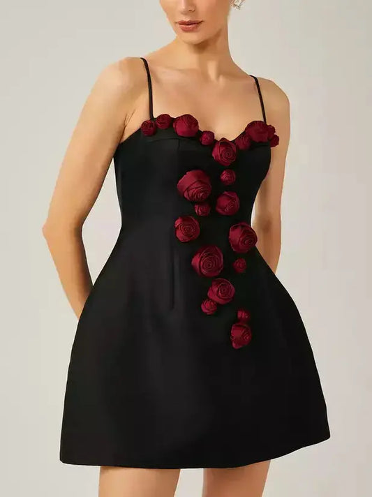 3d Red Rose Applique Black Mini Dress - Dresses