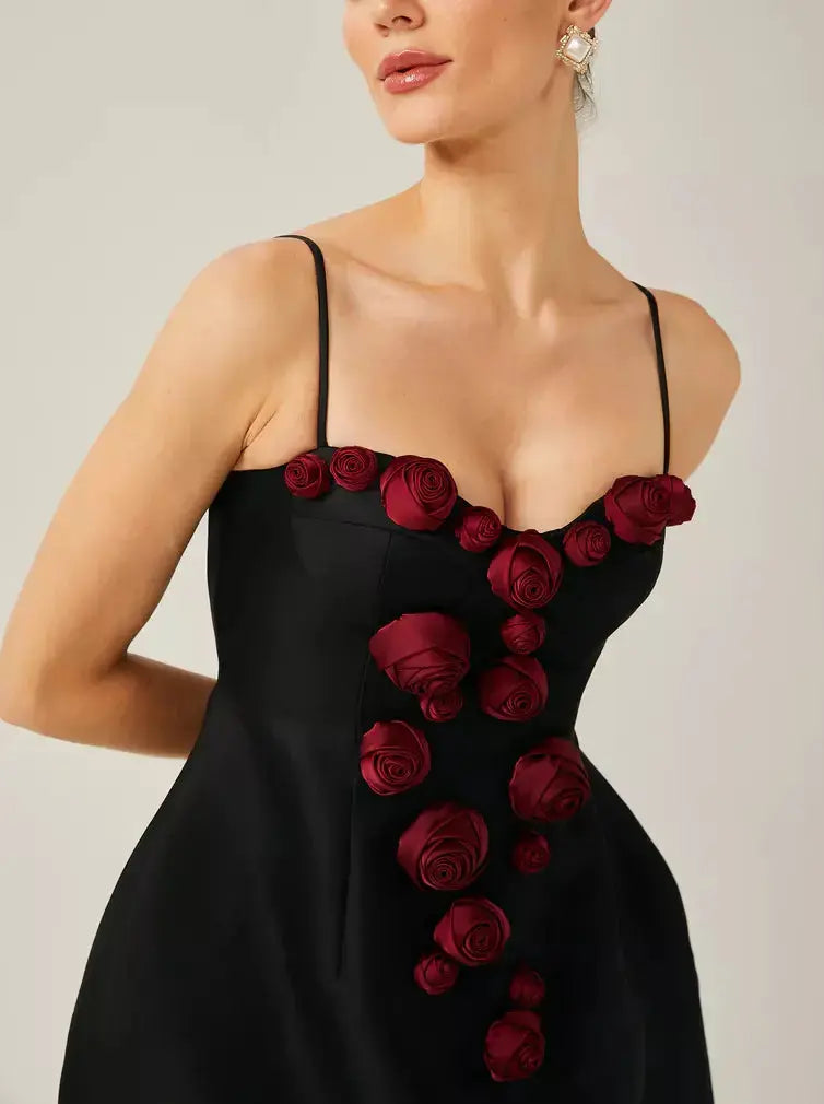 3d Red Rose Applique Black Mini Dress - Dresses