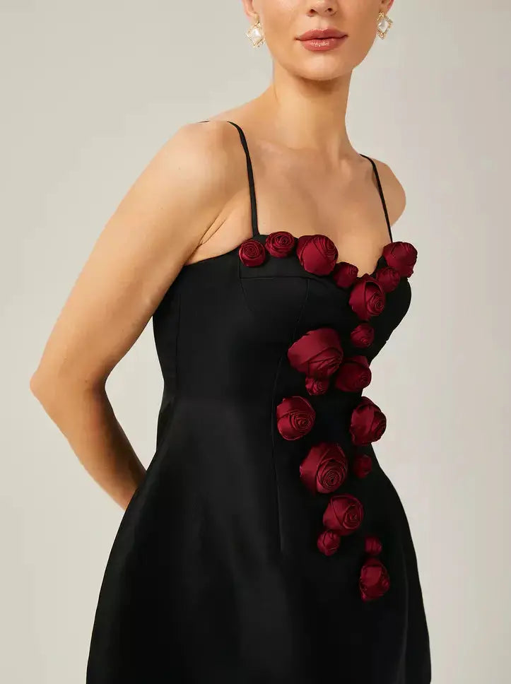 3d Red Rose Applique Black Mini Dress - Dresses