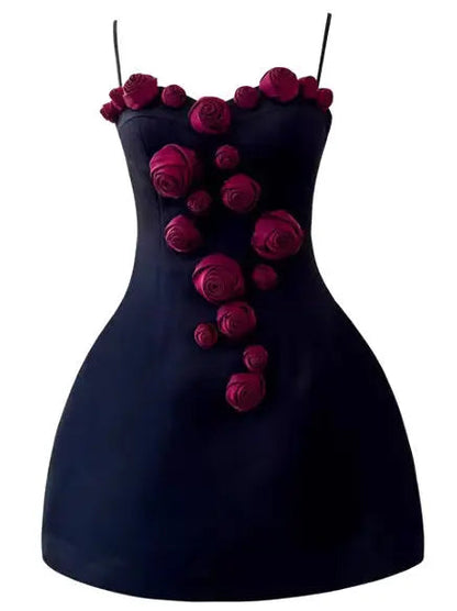 3d Red Rose Applique Black Mini Dress - Dresses