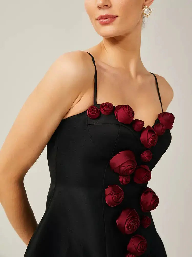 3d Red Rose Applique Black Mini Dress - Dresses