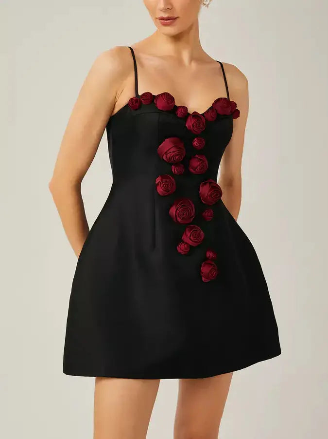 3d Red Rose Applique Black Mini Dress - Dresses