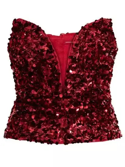 3D Red Sequin Corset Top - Tops