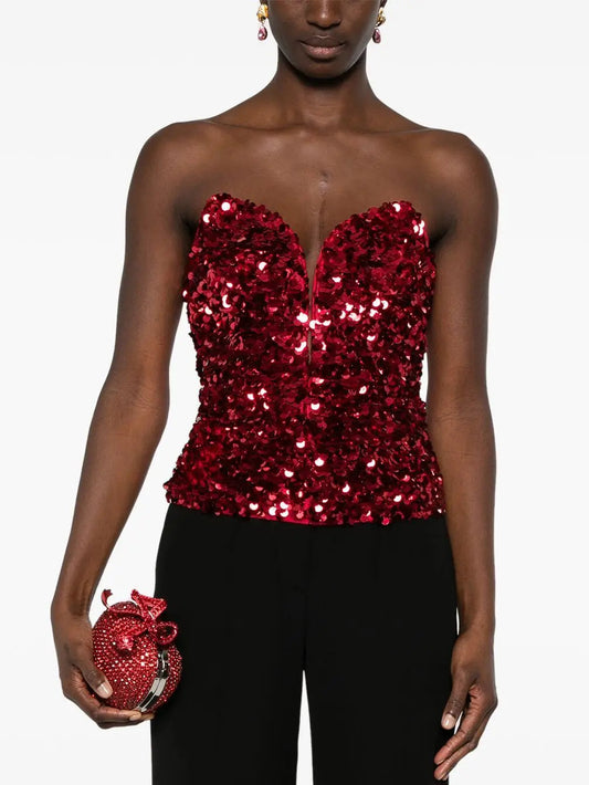 3D Red Sequin Corset Top - Tops