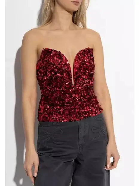 3D Red Sequin Corset Top - Tops