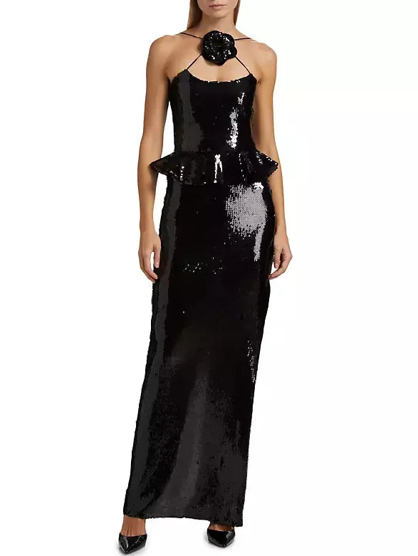 Elegant 3D-Rose-Collar Black Sequin Peplum Gown with stunning sequin-covered design