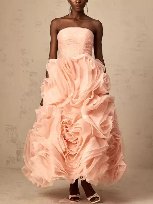 3D Rose Detail Strapless Laced-Back Midi Dress in Light Pink - Dresses