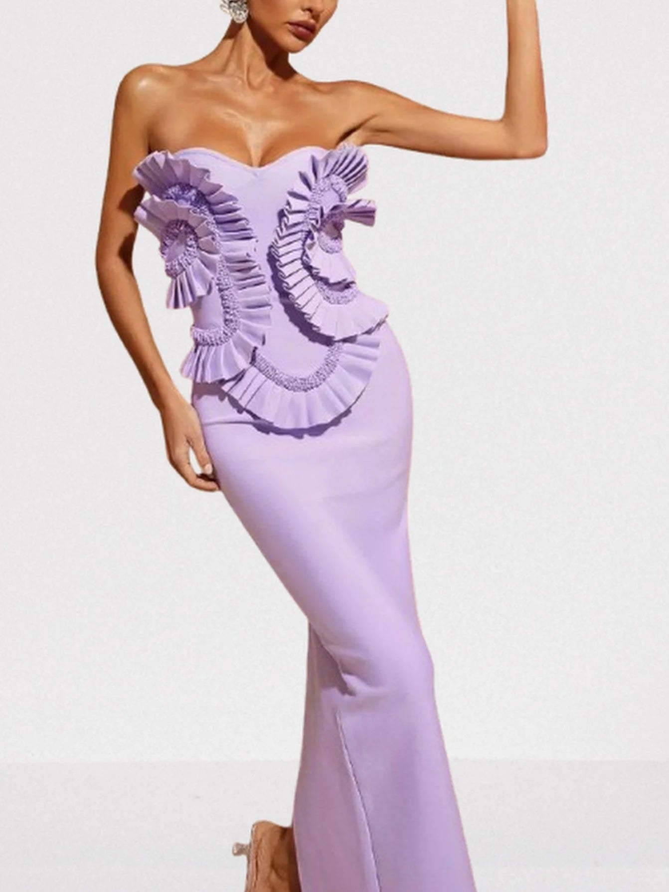 3D Ruffled Beaded Sleeveless Lilac Gown - Dresses