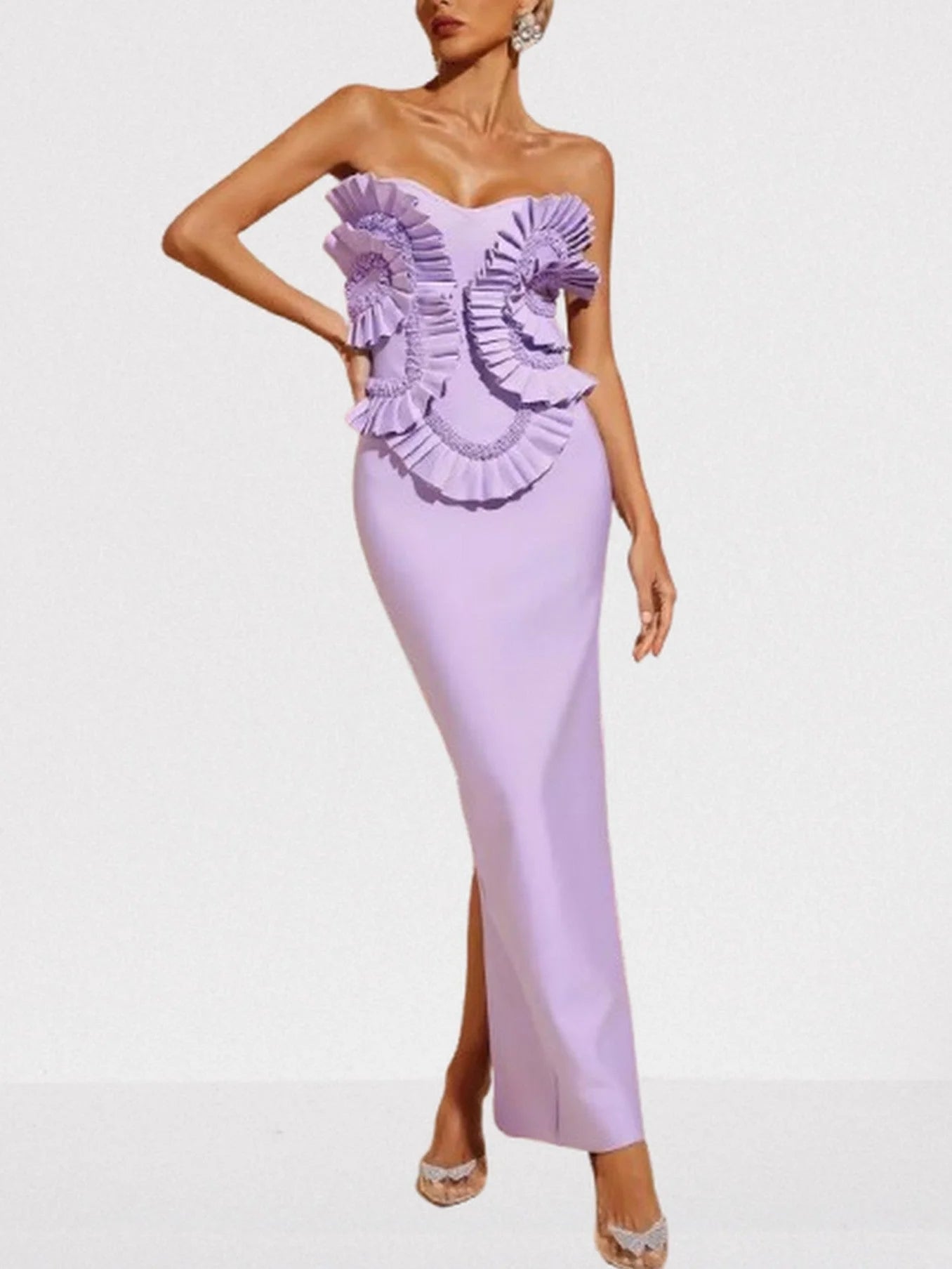 3D Ruffled Beaded Sleeveless Lilac Gown - Dresses