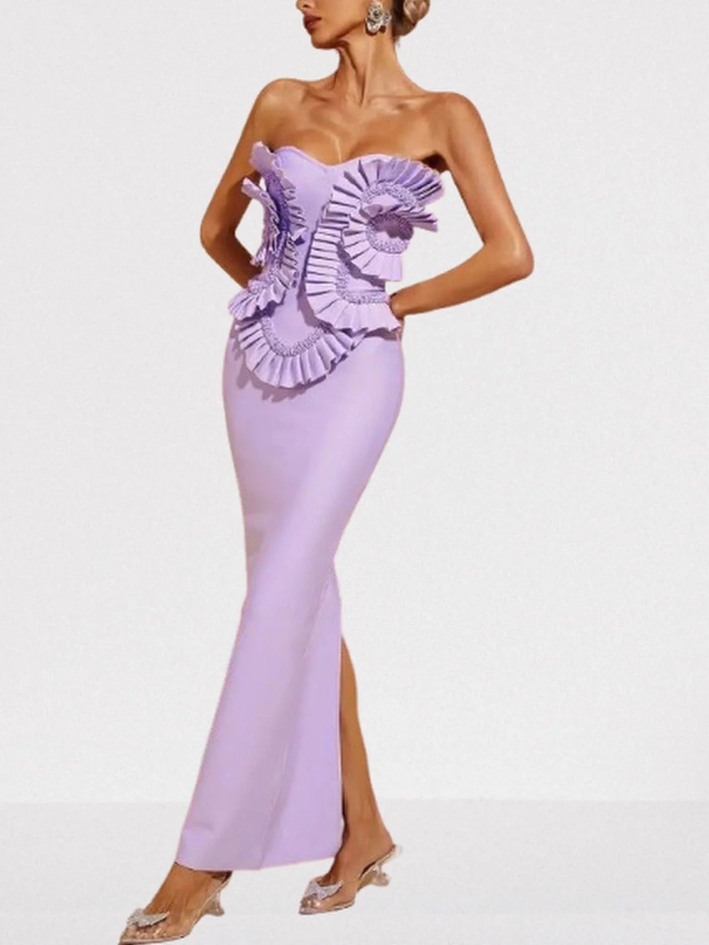 3D Ruffled Beaded Sleeveless Lilac Gown - Dresses