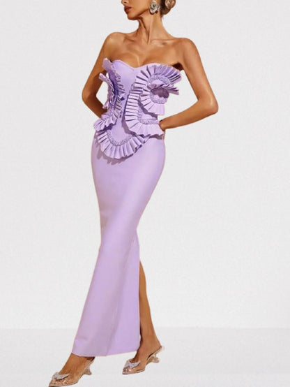 3D Ruffled Beaded Sleeveless Lilac Gown - Dresses