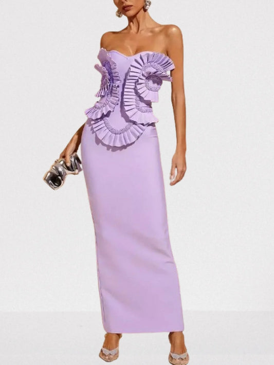 3D Ruffled Beaded Sleeveless Lilac Gown - XS - Dresses
