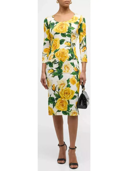 Yellow Rose Print Scoop-Neck 3/4-Sleeve Charmeuse Midi Dress - Branna Couture