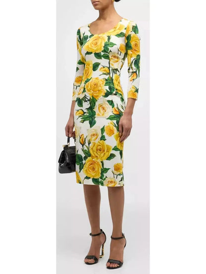 Yellow Rose Print Scoop-Neck 3/4-Sleeve Charmeuse Midi Dress - Branna Couture