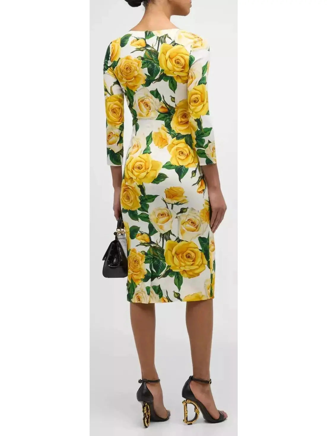 Yellow Rose Print Scoop-Neck 3/4-Sleeve Charmeuse Midi Dress - Branna Couture