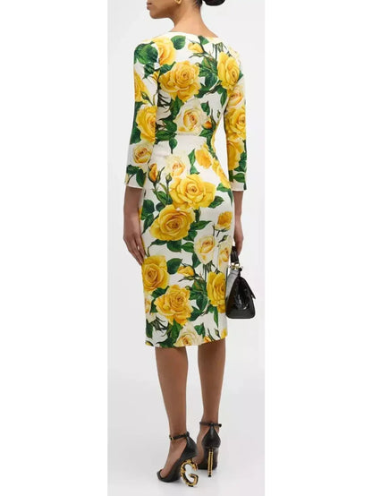 Yellow Rose Print Scoop-Neck 3/4-Sleeve Charmeuse Midi Dress - Branna Couture