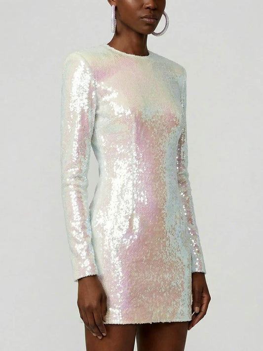 Iridescent All-Over Sequin Long Sleeve Mini Dress - Dresses
