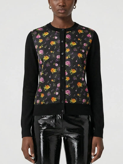 Black Silk Knit Cardigan with Multicolored Rose Print - S - Sweaters & Knitwear