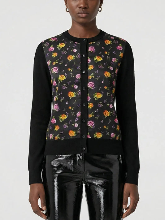 Black Silk Knit Cardigan with Multicolored Rose Print - S - Sweaters & Knitwear